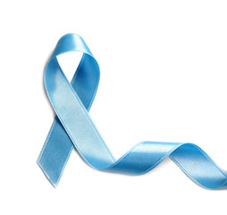 Blue ribbon on white background, top view. Cancer awareness