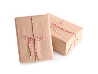 Beautifully wrapped gift boxes on white background