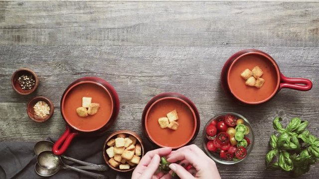 Roasted tomato soup with fresh basil and croutons
