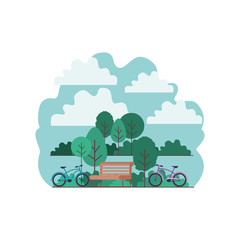 Fototapeta na wymiar park with chair and bicycle scene vector illustration design