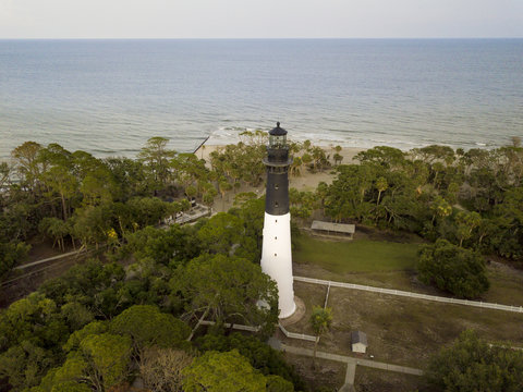 Aerial view of Hunting Island lighthouse and Atlantic Ocean in South Carolina