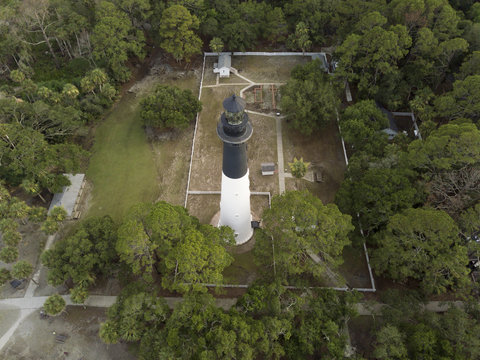 Aerial view of Hunting Island Lighthouse in South Carolina, USA.