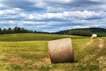 Straw bales on a field in the Czech Republic. Harvest of hay. Clouds in the sky. Agricultural farm.