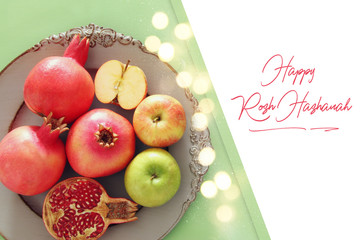 Rosh hashanah (jewish New Year holiday) concept. Traditional symbols.