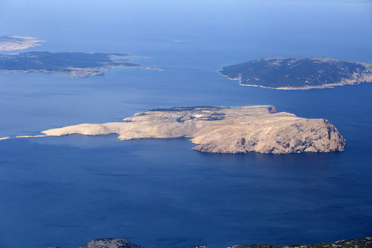 Goli otok and Sveti Grgur - islands in Adriatic sea, from Balinovac peak on Velebit mountain in Croatia
