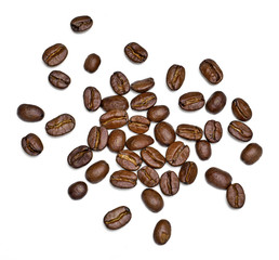 Roasted coffee beans, isolated on white background. Close-up shot of delicious arabica beans, pile or group of objects, cut out.