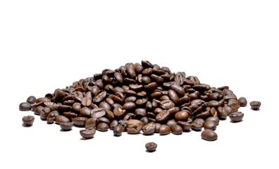 Roasted coffee beans, isolated on white background. Close-up shot of delicious arabica beans, pile...