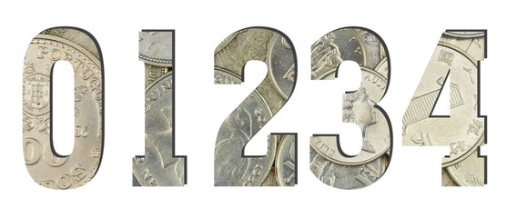 0 1 2 3 4 3d Numbers Shiny silver coins textures for designers. White isolated