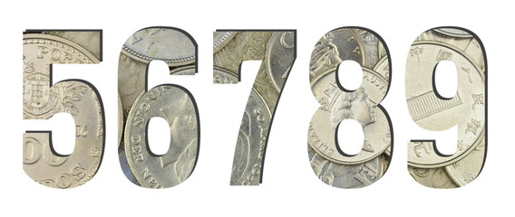 5 6 7 8 9 3d Numbers Shiny silver coins textures for designers. White isolated
