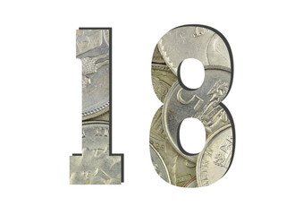 18 3d Number Shiny silver coins textures for designers. White isolated