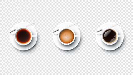 Realistic Vector Perfect Cups of Coffee And Tea. Americano, Espresso, Black Coffee. Isolated On Blue Background Modern Illustration