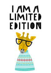 I am a limited edition - Cute hand drawn nursery poster with cool giraffe animal with glasses and hand drawn lettering.