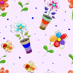Children's seamless banner, on a pink background texture, wallpaper printing cloth. decorate to decorate vivid. flowers.