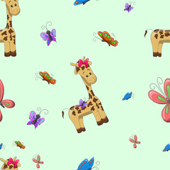 Children's seamless banner, on a green background. decorate to decorate the vivid giraffe's colorful flowers.