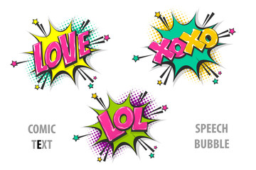Love xoxo lol pop art style set hand drawn sound effects template comics book text speech bubble. Halftone dot background.