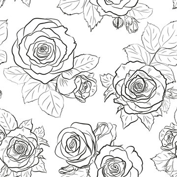 Seamless outline background made of rose buds and leaves. Endless pattern for floral design. Black and white.