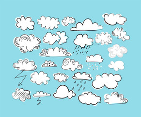 Hand drawn clouds with rain and snow. Set of vector clouds. Design elements. vector clouds doodle collection. weather forecast elements. hand drawn cartoon clouds.