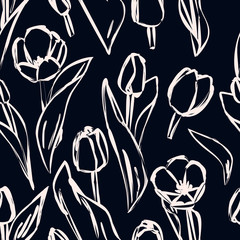 Seamless outline background made of tulips. Endless pattern for floral design. Chalk.