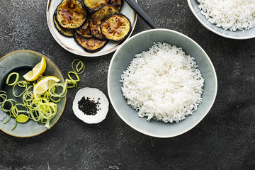 Without meat, teriyaki eggplant with basmati rice, leek, sesame. Top View,