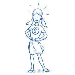 Happy young girl looking proud as a winner with number 1 on her shirt. Hand drawn cartoon doodle vector illustration. 