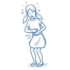 Young girl holding her stomach in pain. Hand drawn cartoon doodle vector illustration. 