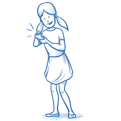 Happy young girl using her smart phone. Hand drawn cartoon doodle vector illustration. 