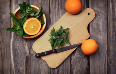 tropical fruits on a wooden background. Flat lay. Food background. Healthy lifestyle.