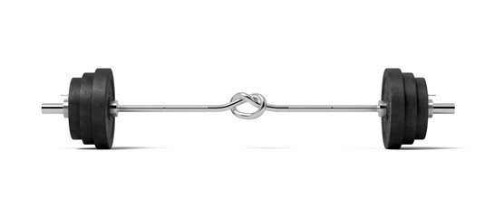 3d rendering of single barbell with heavy weights and the steer bar tied in a knot in the middle.