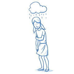 Sad young girl with a symbolic rain cloud over her head. Hand drawn cartoon doodle vector illustration. 