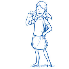 Happy young girl with school bag eating an apple. Hand drawn cartoon doodle vector illustration. 