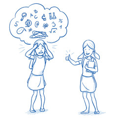 Young girl with school bag in two emotions, happy an confused. Concept for school coaching. Hand drawn cartoon doodle vector illustration.