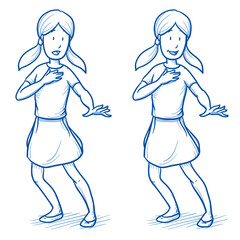 Surprised young girl in two emotions, happy, and startled. Hand drawn cartoon doodle vector illustration.