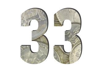 33 3d Number Shiny silver coins textures for designers. White isolated