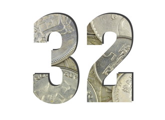 32 3d Number Shiny silver coins textures for designers. White isolated
