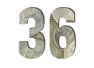 36 3d Number Shiny silver coins textures for designers. White isolated
