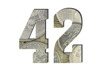 42 3d Number Shiny silver coins textures for designers. White isolated