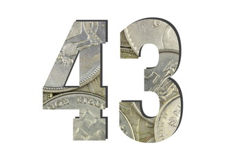 43 3d Number Shiny silver coins textures for designers. White isolated