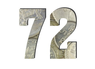 72 3d Number Shiny silver coins textures for designers. White isolated