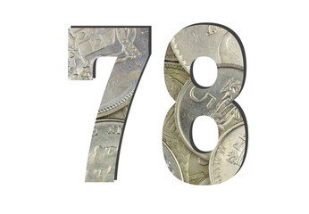 78 3d Number Shiny silver coins textures for designers. White isolated
