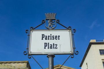 sign Pariser Platz at the  Brandenburg gate in Berlin