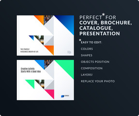 Square design presentation template with colourful triangles and shadows. Abstract vector set of modern horizontal banners