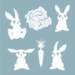 Set template for laser cutting and Plotter. Vector illustration. Animal sticker set - rabbit, rabbit, carrot, cabbage