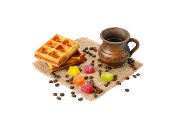 Cup of coffee, waffle and marmalade isolated on white background.