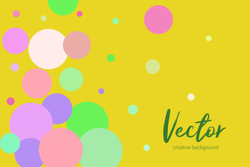 Vector template with random, chaotic, scattered colorful circles on yellow background.