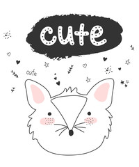 Vector doodle poster with funny fox and cute text