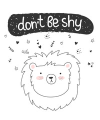 Vector doodle poster with funny lion and cute text