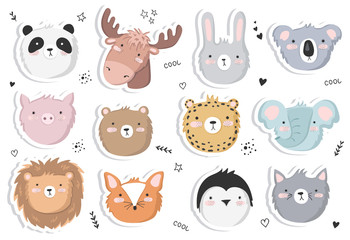 Vector set of cute doodle stickers with funny animals