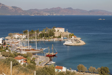 Fototapeta na wymiar Mediterranean coast of Datca peninsula. Seaport of Datca during the daytime in Mugla, Turkey