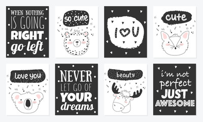 Vector set of cute postcards with funny animals and lettering