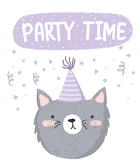 Vector cute poster with festive cat at a party and text.